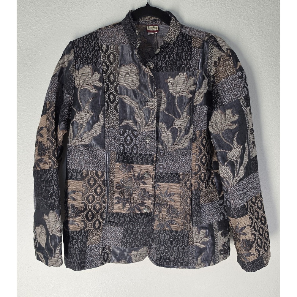 Tudor Court by Haband Women Jacket M Black Gold Silver Patchwork Boho Coat